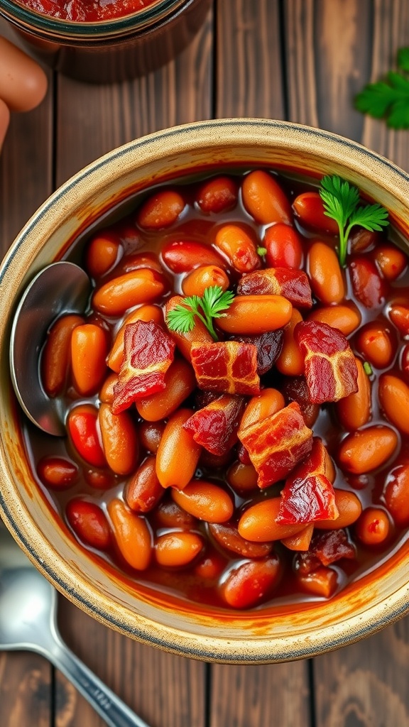 A bowl of classic baked beans with bacon, served on a rustic wooden table.